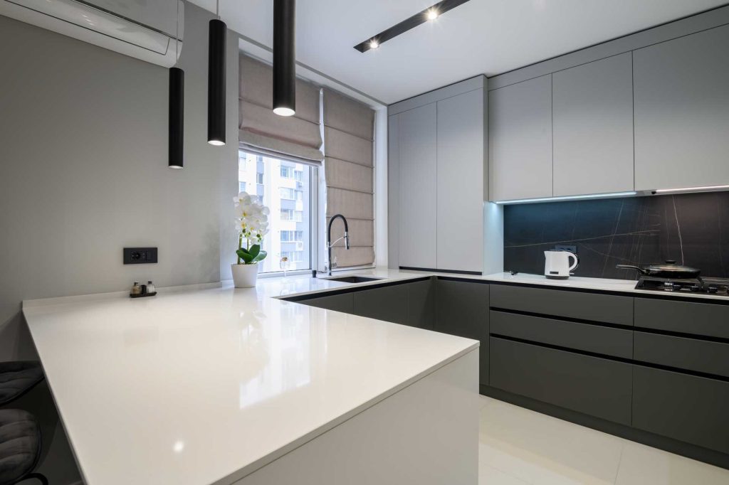 Luxury studio kitchen with stylish blinds | Featured image for the Blind Trends 2023 Blog from U Blinds Australia.